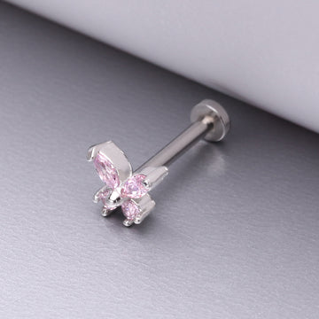 Detail View 1 of Butterfly Sparkle Prong Set Top Internally Threaded Steel Flat Back Stud Labret-Pink